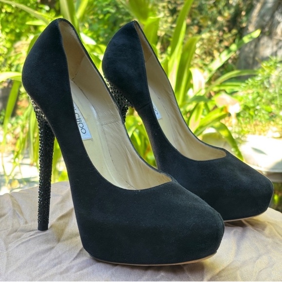 Jimmy choo esam jeweled heel black suede platform pumps crystals
